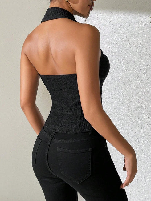 Texture Ruched Halter Top - Odaingerous